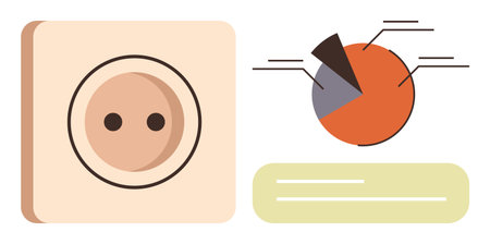 European power socket beside segmented pie chart with labeled sections, symbolizing energy usage, efficiency, and data analysis. Ideal for sustainability, electricity, technology, innovation, dataのイラスト素材