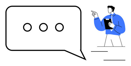 Speech bubble with ellipsis beside a professional man holding clipboard and pointing. Ideal for communication, presentation, discussion, messaging, teamwork, consultation, dialogue. Flat simpleのイラスト素材