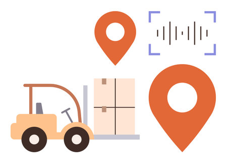 Forklift moving large package, geolocation pins highlighting delivery tracking, barcode scanner element indicating logistics monitoring. Ideal for transportation, delivery, tracking, logisticsのイラスト素材