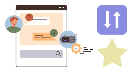 Messaging app window, user chat bubbles, automation gear and bot, up and down arrows, star icon. Ideal for automation, AI, chatbots feedback efficiency communication UI design. A simple flatのイラスト素材