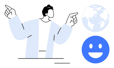 Person pointing in opposite directions, Earth globe, smiling face. Ideal for global interaction, optimism, teamwork, education, connectivity, positivity simple landing pageのイラスト素材