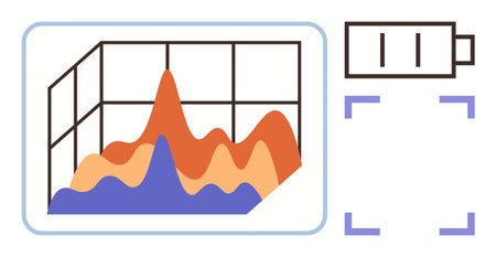 3D analytical graph with layered peaks, grid frame, and low battery symbol. Ideal for data analysis, energy monitoring, research, technology, statistics innovation trends. Modern simple flatのイラスト素材