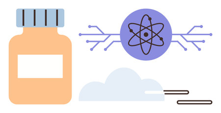 Medicine jar, atomic symbol with data connectors, and cloud. Ideal for healthcare, research, technology, innovation, data science digital transformation future-ready solutions. Simple flat metaphorのイラスト素材