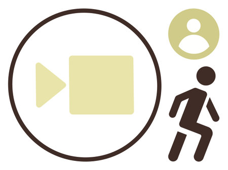 Camera icon in circle, user profile, and walking figure represent video creation, social sharing, content engagement. Ideal for media, streaming, tutorials, fitness vlogging app design simple flatのイラスト素材