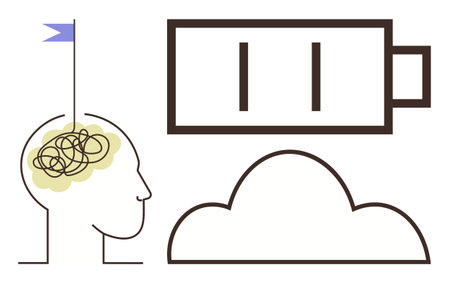 Outline of a head with tangled lines in the brain, battery symbol, cloud shape, and a flag. Ideal for mental health, productivity, recharging, clarity, mindfulness focus stress management simpleのイラスト素材