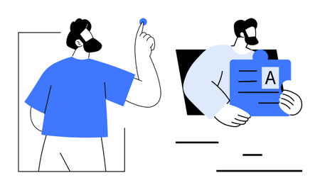 Two stylized characters, one holding a puzzle piece, the other pointing upward. Ideal for teamwork, problem solving, creativity, collaboration, strategy, innovation simple landing pageのイラスト素材