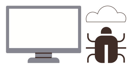Computer screen with a cloud and bug symbolizing cybersecurity, malware, or software issues. Ideal...