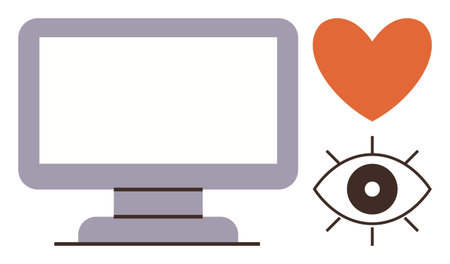 Computer monitor, orange heart, and stylized eye symbolizing technology, creativity, communication, and digital engagement. Ideal for connection, innovation, design focus user experience empathyのイラスト素材