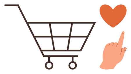 Shopping cart beside a heart icon and pointing hand symbolizing love for shopping, consumer behavior, online purchasing decisions. Ideal for e-commerce, customer loyalty, retail, branding, marketingのイラスト素材