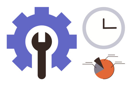Gear with wrench representing settings, clock for time management, pie chart for data analysis. Ideal for productivity, organization, repair, business, analytics performance efficiency. Simple flatのイラスト素材