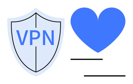 Shield with VPN text symbolizing protection and a blue heart representing trust, connection, and care. Ideal for security, privacy, technology, love, health, safety simple landing pageのイラスト素材