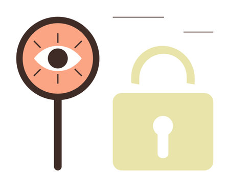 Eye in magnifying glass beside padlock represents data security, privacy, monitoring, access control, trust, cybersecurity, and surveillance. Ideal for technology, tech ethics and privacy conceptsのイラスト素材