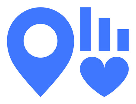 Blue location pin, bar chart, and heart symbolize navigation, analytics, and connection. Ideal for business, health, social media, travel marketing data visualization simple landing pageのイラスト素材