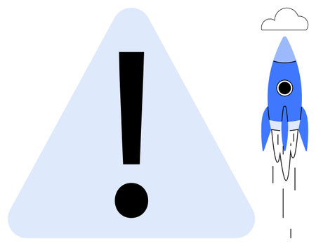 Blue triangle with warning exclamation point next to ascending blue rocket surrounded by cloud. Ideal for innovation, technology, alert, growth, startup, risk, success concepts. Simple flat metaphorのイラスト素材