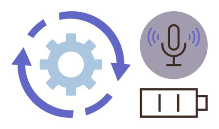 Gear with circular arrows, microphone with sound waves, and battery level icon representing automation, energy, communication, and technology. Ideal for workflow, innovation, efficiency automationのイラスト素材