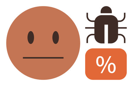 Neutral face with blank expression, bug icon, and percentage block hinting at system bugs, error rates, and issues. Ideal for tech, software, analytics, problem-solving debugging evaluationのイラスト素材