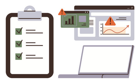 Checklist on clipboard, laptop, and screens showing graphs with alert icons. Ideal for productivity, planning, data analysis, risk management, alerts workflow performance monitoring. Simple flatのイラスト素材