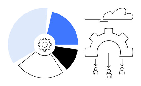 Pie chart with gear symbol, cloud shape, and arrows leading to people icons. Ideal for teamwork, workflow, data analysis, technology, efficiency, process optimization and simple flat metaphorのイラスト素材