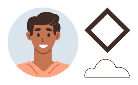 Smiling young man in circular frame alongside a diamond-shaped figure and minimalistic cloud. Ideal for diversity, creativity, optimism, individuality, design concepts, simplicity, abstract artのイラスト素材
