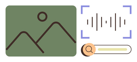 Mountain landscape icon and sound wave symbol within focus brackets, accompanied by a search bar. Ideal for technology, media, data analysis, artificial intelligence, algorithms, content creationのイラスト素材