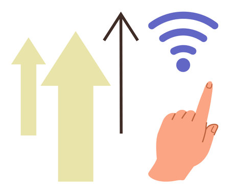 Hand pointing to wireless symbol alongside arrows implying progress, connectivity, and upward movement. Ideal for technology, communication, growth, networking, innovation, development digitalのイラスト素材