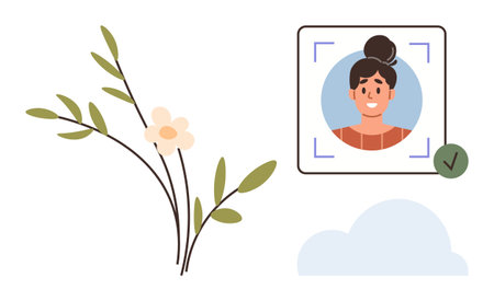 Facial recognition confirmation screen with a user s photo, verification checkmark, floral branch, and cloud. Ideal for technology, security, identity, online profile, nature connectivityのイラスト素材