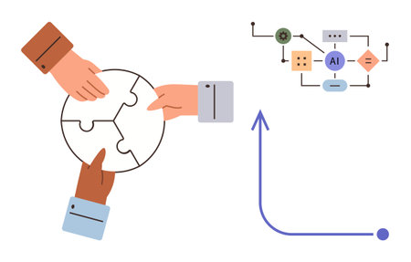 Diverse hands assembling puzzle pieces, AI process flow diagram, and upward arrow showcasing...