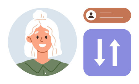 Smiling woman avatar in circular frame alongside arrows for data sorting and rectangular profile tag. Ideal for user interface, profile, registration, team, settings, data exchange, communicationのイラスト素材