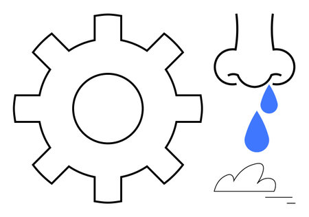 Gear outline symbolizing engineering alongside a nose releasing blue droplets for allergy or illness theme. Ideal for health, engineering, allergy, mechanics, medical, productivity, and simpleのイラスト素材
