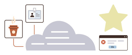 Cloud symbol connecting coffee cup, ID badge, star rating, and error popup. Ideal for data management, security, productivity, user experience, recognition digital practices simple flat metaphorのイラスト素材