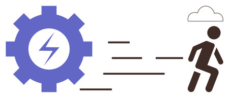 Gear with lightning bolt, streaks showing speed, person running, cloud above. Ideal for energy, productivity, efficiency, motion power innovation teamwork. Modern simple flat metaphorのイラスト素材