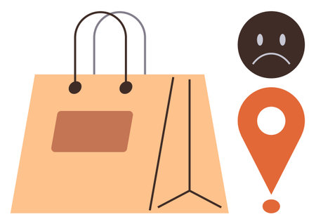 Brown shopping bag with handles, sad face, and orange location pin highlighting delivery delays, unsatisfactory shopping experiences, or customer frustration. Ideal for delivery services, customerのイラスト素材