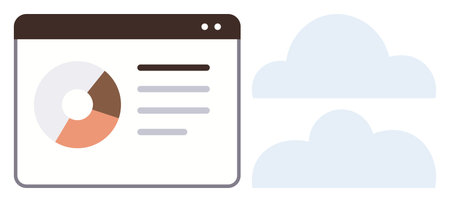 Web browser window with pie chart and text, accompanied by cloud graphics. Ideal for data management, cloud storage, online analytics, technology integration, business strategy, digital tools, simpleのイラスト素材