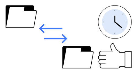 File folders connected with arrows, clock indicating time management, hand showing approval or success. Ideal for workflow, productivity, data transfer, efficiency, teamwork, time-saving simpleのイラスト素材