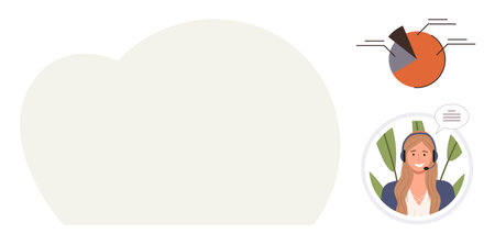 Female customer support agent wearing a headset, a segmented pie chart with labeled sections, and a speech cloud. Ideal for customer service, analytics, communication, teamwork, data visualizationのイラスト素材
