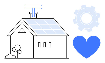 House with rooftop solar panels, blue arrow airflow, heart icon, and cogwheel symbol. Ideal for sustainable living, renewable energy, green practices, eco-technology, clean design innovation simpleのイラスト素材