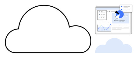 Cloud shape, analytics dashboard, pie chart, line graph, expanding cloud computing. Ideal for digital transformation, big data, AI solutions, business insights IT services data visualizationのイラスト素材