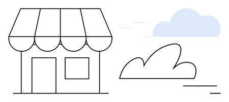 Minimalistic storefront structure with striped awning, a surrounding bush, and a cloud in the sky. Ideal for retail, business growth, entrepreneurship, e-commerce, community, branding simple landingのイラスト素材