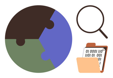 Puzzle-shaped globe with magnifying glass and binary-filled folder representing research, problem-solving, data exploration, global connection, digital analysis, teamwork, and innovation. Idealのイラスト素材