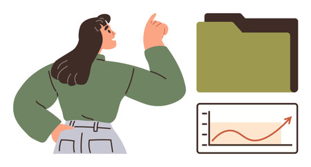 Confident woman gesturing towards a folder and upward trend graph. Ideal for planning, data analysis, growth, management, strategy, organization, motivation. Simple flat metaphorのイラスト素材