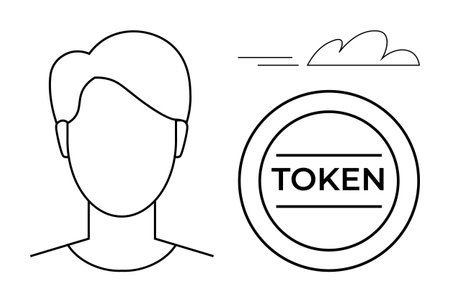 Male user profile outline next to a round token labeled TOKEN with minimalist cloud detail above. Ideal for identity, authentication, digital wallet, cryptocurrency, login, profile management, simpleのイラスト素材