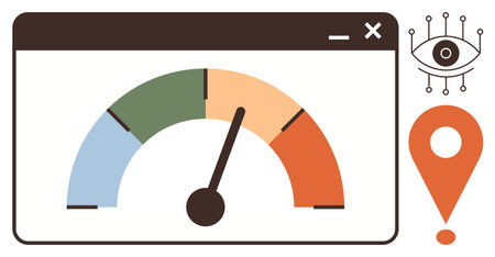 Gauge chart inside a browser window with pointer on color spectrum, eye tracking and geolocation icons. Ideal for analytics, performance, data monitoring, tracking, optimization, efficiency, simpleのイラスト素材