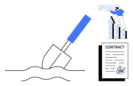 Shovel digging soil, man analyzing bar chart with magnifying glass, signed contract document. Ideal for business, growth, analysis, research, agreement investment strategy. Simple flat metaphorのイラスト素材