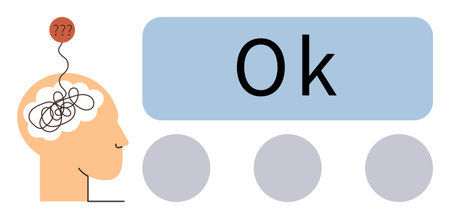 Head outline with tangled thoughts and balloon with question marks above, transitioning to clarity with Ok text. Ideal for decision-making, mental health, problem-solving, mindfulness, focusのイラスト素材