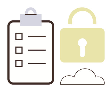 Clipboard with checklist, cloud shape, and lock icon symbolizing organization, cloud storage, security, and privacy. Ideal for data management, cyber protection, task tracking cloud technologyのイラスト素材