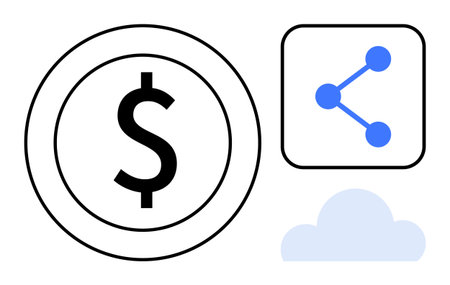 Dollar sign in a circle, sharing network node, and a cloud symbol. Ideal for finance, technology, communication, data sharing, online transactions, connectivity simple landing pageのイラスト素材