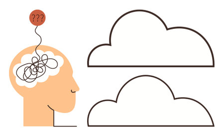 Profile of human head with tangled lines and question mark above, alongside two minimalistic cloud shapes. Ideal for psychology, mental health, brainstorming, decision-making, confusion, clarityのイラスト素材