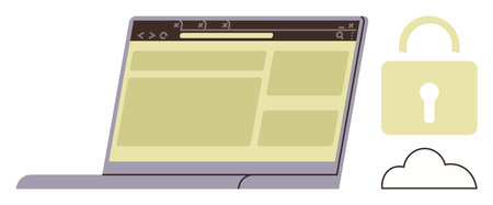 Laptop screen with webpage, cloud icon, and padlock highlighting online privacy, data protection, safe internet, and secure access. Ideal for technology, cybersecurity, privacy safety data storageのイラスト素材
