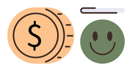 Coin with dollar sign, green happy face, progress bar at the top. Ideal for finance, growth, happiness, success, progress business customer satisfaction. Clear and simple flat metaphorのイラスト素材