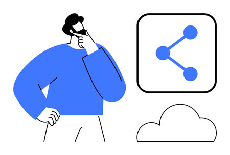 Man thinking while observing sharing icon and cloud, illustrating data sharing, connectivity, decision-making. Ideal for technology, network, cloud storage, digital thinking, strategy innovationのイラスト素材